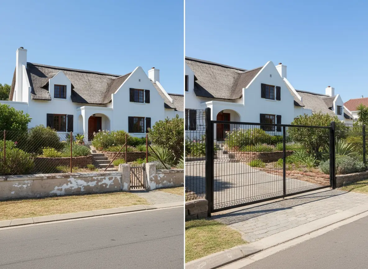 Before and after clearview fence installation showing dramatic security and aesthetic improvement in Cape Town property